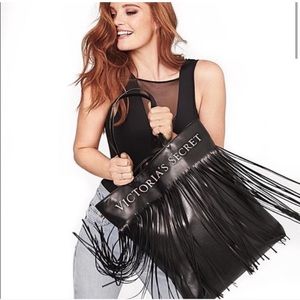 Victorias Secret Limited Edition Black Faux Leather Fringe Tote Bag